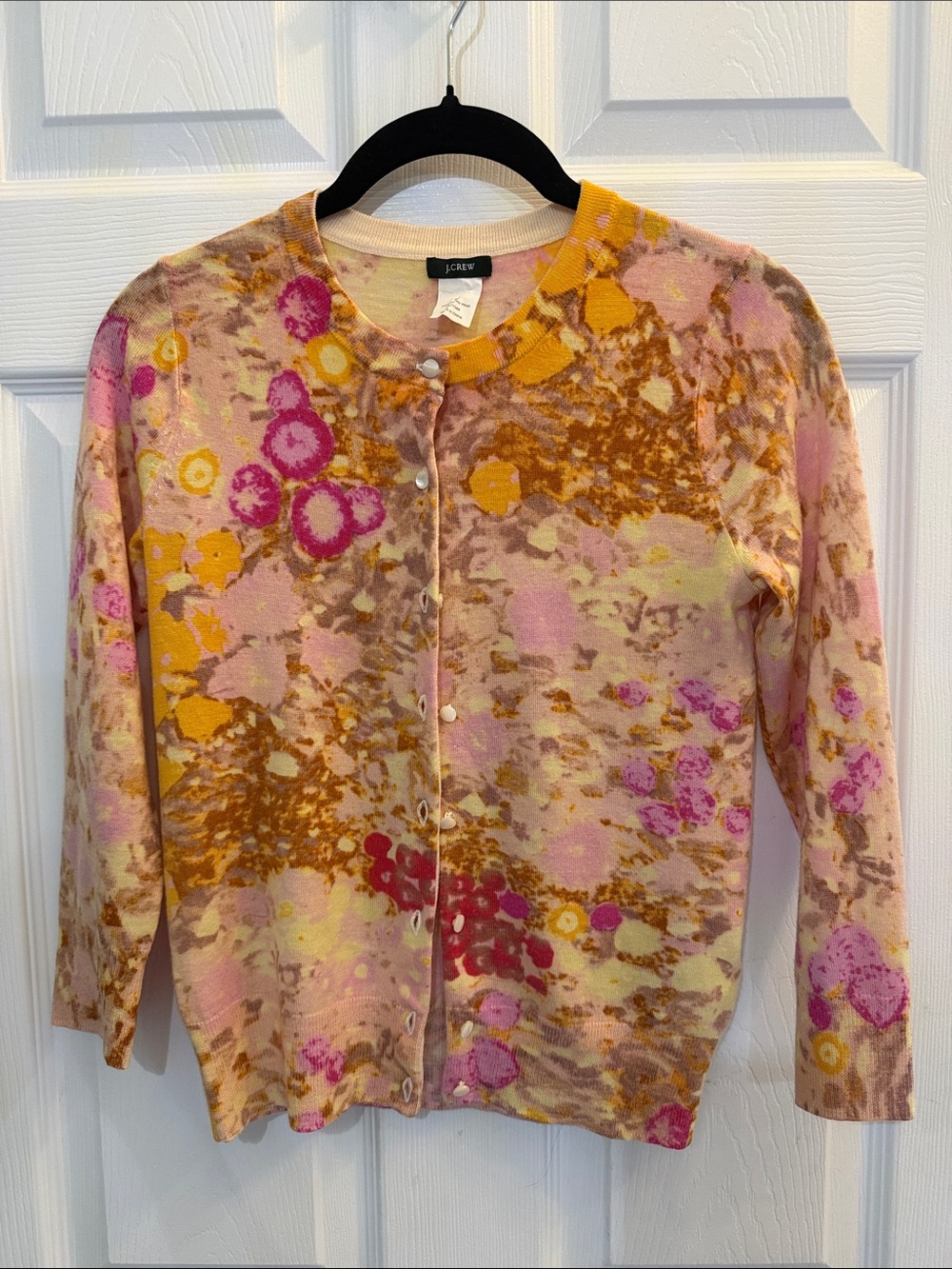 J. Crew 100% Wool Pink, Yellow Brown Print Button Cardigan 3/4 Sleeve Crew Neck